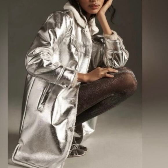 7 For All Mankind Silver Faux Shearling Coat Jacket (M) - Picture 1 of 8